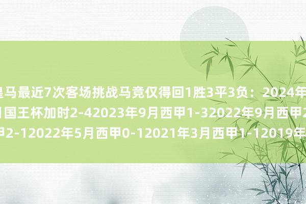 皇马最近7次客场挑战马竞仅得回1胜3平3负：2024年9月西甲1-12024年1月国王杯加时2-42023年9月西甲1-32022年9月西甲2-12022年5月西甲0-12021年3月西甲1-12019年9月西甲0-0    体育集锦